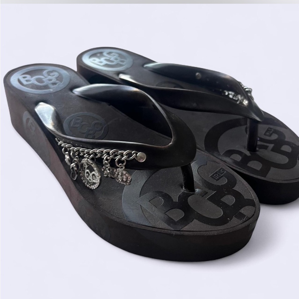 BCBG Wedge Thong Sandals with Silver Chain Charms